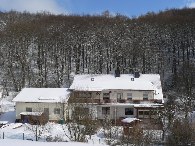 Rückseite des Haus mit Garten, schneebedeckt